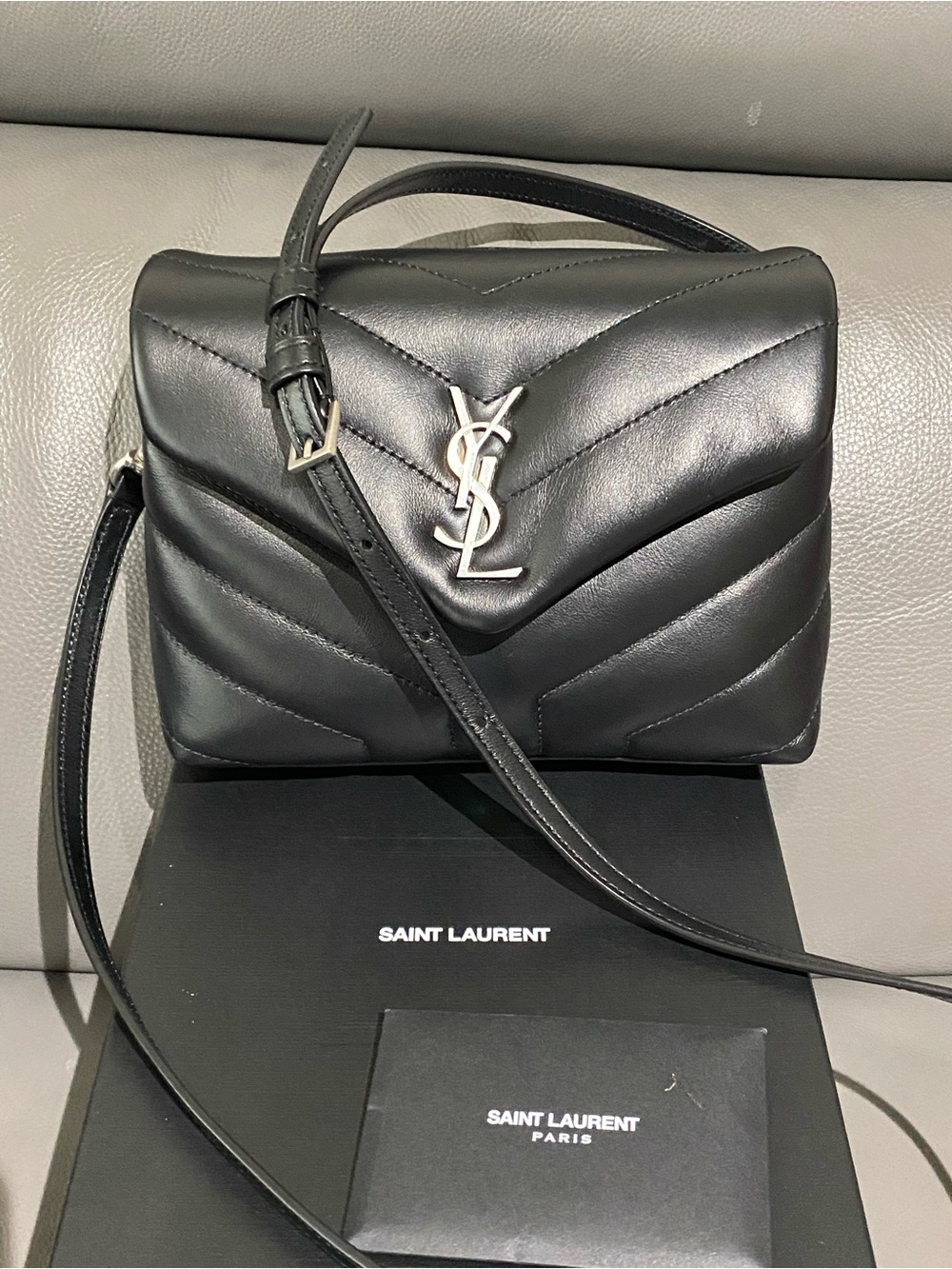 Saint Laurent Black Chevron Quilted Leather Crossbody with Silver YSL